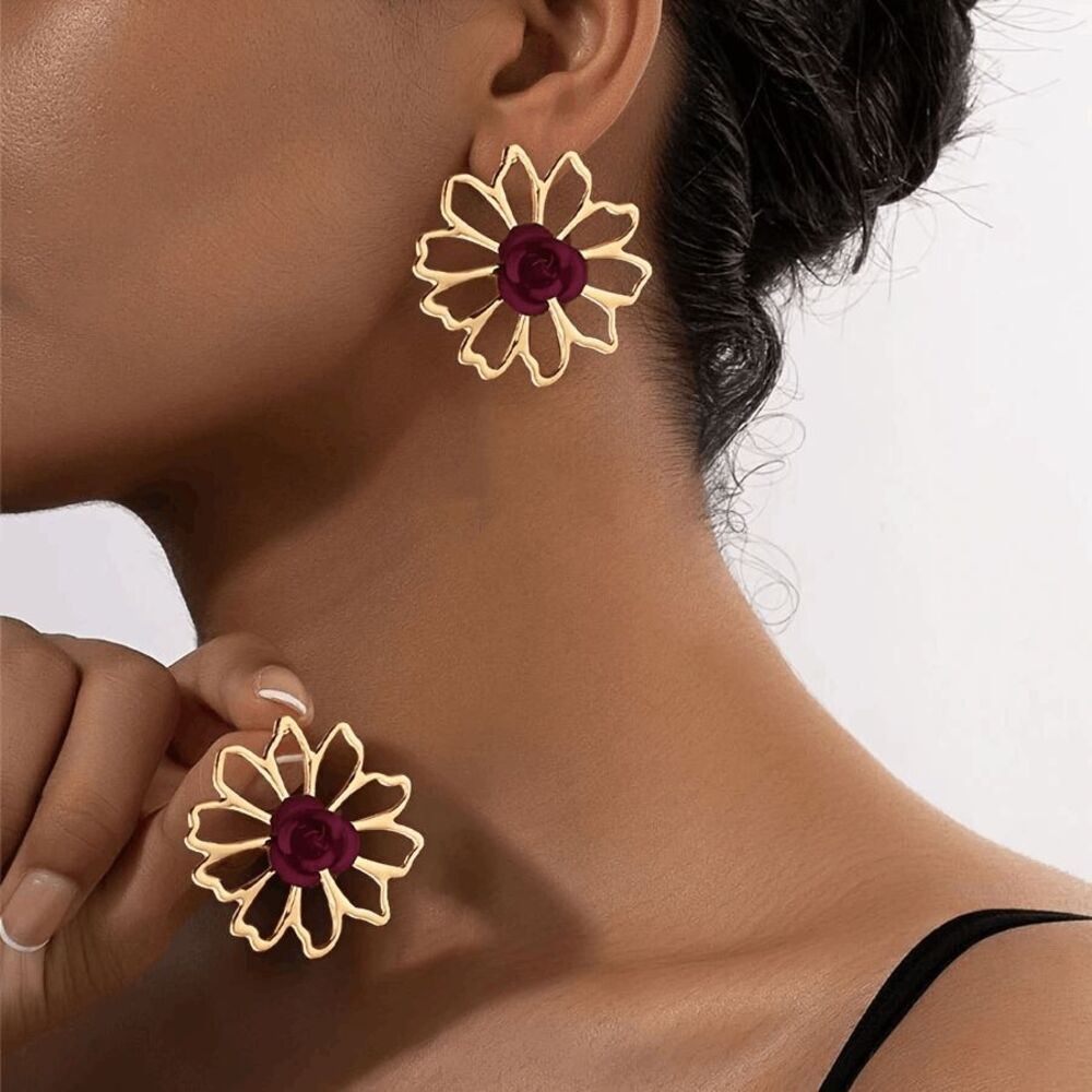 Boho Floral Rose Golden Stud Earrings
